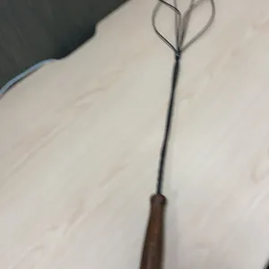 Early Handcrafted Wire Rug Beater With Turned Wood Handle, 34 Inch Length, Twisted Iron Construction
