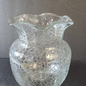 Pressed Clear Glass Vase with Hexagonal Mosaic Pattern and Flared Rim Design, Decorative Tabletop Pi
