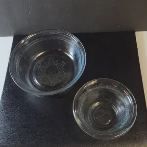 Clear Oven Glass Mixing Bowls with Engraved Scrollwork Pattern and Marked FREEKING OVN GLASS