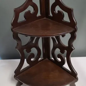 Wooden Two-Tier Wall Corner Shelf With Scrollwork Side Panels And Dark Finish Display Stand Rack She
