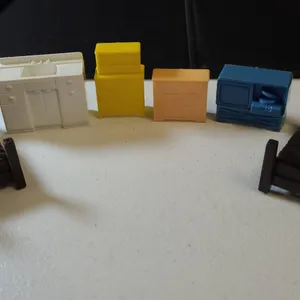 Plastic Dollhouse Furniture Set by MARX, Includes Beds, Dressers, Sink, Stove – All but One Marked M