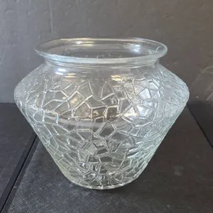 Pressed Glass Vase with Geometric Patterned Surface and Starburst Base Design, Clear Glass Construct