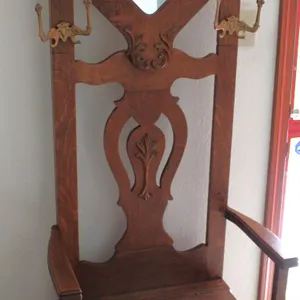 Carved Oak Hall Tree Bench with Mirror and 4 Coat Hooks