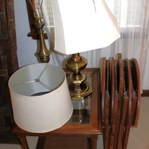 Wood and Glass Side Table, Brass Lamps, Folding Tray Tables