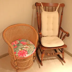 Wicker Armchair and Wood Rocker