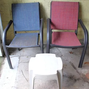 4 Stackable Patio Chairs and 3 Plastic Side Tables