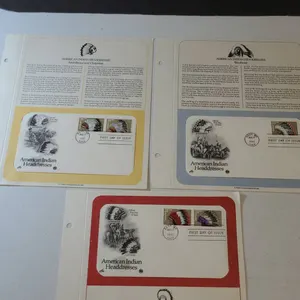 1990 American Indian Headdresses First Day of Issue Covers with Informational Pages, Set of 3 by PCS