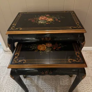Set of 2, nesting chinoiserie lacquer tables