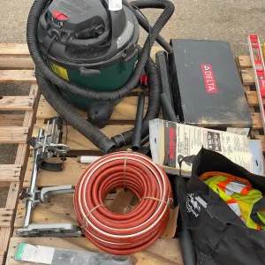 Contractor Equipment Lot – Shop Vacuum, Delta Router Accessories, Air Hose & Safety Gear