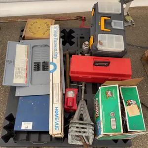 Assorted Contractor Supplies Lot – Electrical Panel, Toolboxes, Fluorescent Fixture & Hardware
