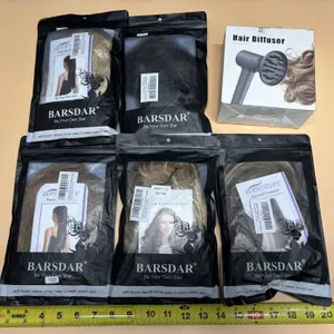 (5) BARSDAR synthetic hair extension pouches alongside a boxed hair dryer diffuser attachment.