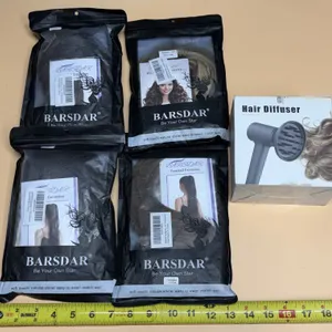 (4) BARSDAR synthetic hair extension pouches alongside a boxed hair dryer diffuser attachment.