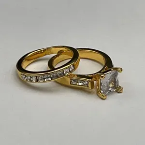 Ladies 14K GP Princess Cut 1.0 carat Solitaire Wedding ring set size 7