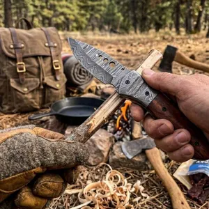 Damascus Steel Folding Knife with Leather Sheath