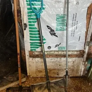 Hay fork, snow shovel, and rake