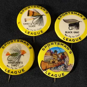 4 SPORTSMAN'S LEAGUE FISHING FLY BIRCHBARK CANOE PINBACK BUTTON BADGES CELLULOID PIN BACK