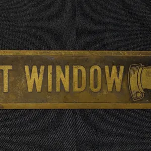 EARLY BRASS SIGN WITH WOOD BASE FINGER POINTER NEXT WINDOW