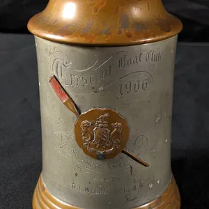 1906 BEER MUG STEIN PEWTER & COPPER TROPHY CRESCENT BOAT CLUB EIGHT OARED SHELL WON BY R.L. WELDIE N