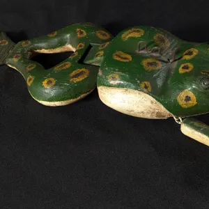 LARGE FOLK ART CARVED WOOD FROG FISH SPEARING DECOY
