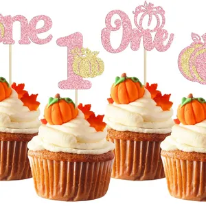 24Pcs Pumpkin 1st Birthday Cupcake Toppers Pink Glitter Pumpkin One First Birthday Party