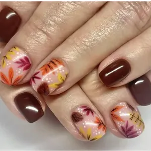 Fall Press on Nails Short Square Fake Nails with Autumn Leaves Design,Brown