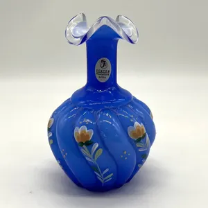 Fenton Hand Painted Blue Glass Vase