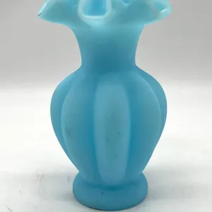 Fenton Blue Satin Glass Ruffled Vase