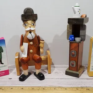 German Erzgebirge Wooden Incense Smoker Lot – Grandpa on Bench, Kamin Stove & Crottendorfer Cones