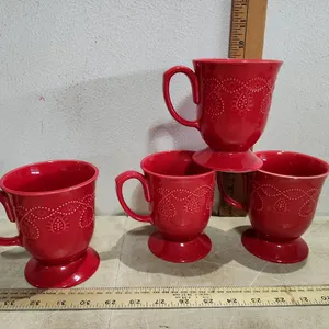 Set Of 4 The Pioneer Woman Stoneware Red Mugs, 1 Small Chip