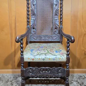 Barley Twist Antique Arm Chair with Gorgeous Needle Point Seat. Rattan/Cane backing needs repair. Needlepoint is dated 1966. 26 x 24 x 51. LR