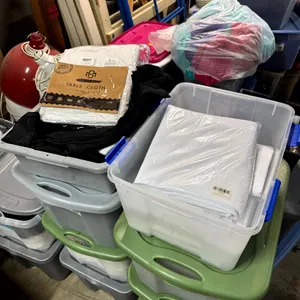 Assorted Catering Tablecloths & Banquet Drapes with Storage Tubs