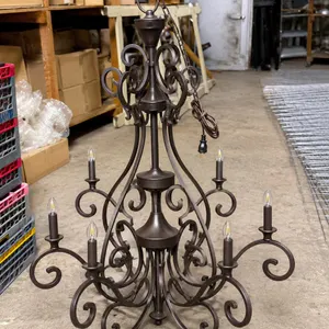 Brown Metal Scrollwork Chandelier with Candle-Style Lights & Power Cord