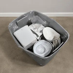 Assorted White China Plates, Bowls & Serving Pieces with Storage Tub