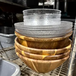 Assorted Wooden & Clear Textured Serving Bowls & Trays