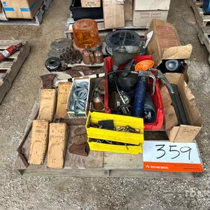 Quantity of Assorted Hardware w/ Shackles, Grease Guns, Chains, Axes, Pulleys & Parts