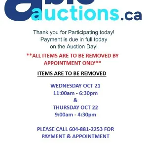 All items must be removed by Wed Oct 21 11am - 6:30pm & Oct 22 9AM - 4:30 pm by appointment.