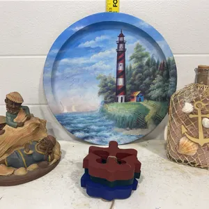 Nautical Home Decor Lot - Lighthouse Plate, Anchor Bottle, & Figurine Set