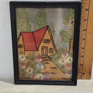 Vintage Handmade Cross Stitch Cottage, Framed 6.75"X8.75"