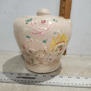 Vintage Ransburg Pottery Hand Painted Flower Cookie Jar, Paint Chipping 7.5"X7.5"