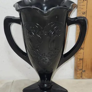 Vintage L.E. Smith Art Deco Black Amethyst Glass Dancing Nymphs Double Handle Trophy Vase 7.25" Tall