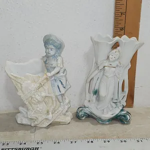 Vintage Germany 1834 Porcelain Bisque Double Flower Bud Vase 5.75" Tall Flower Petal Chipped & Victo