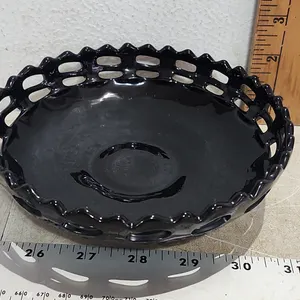 Vintage Fenton Black Amethyst Glass Basket Weave Bowl, Lace Edge 6.5"X2"