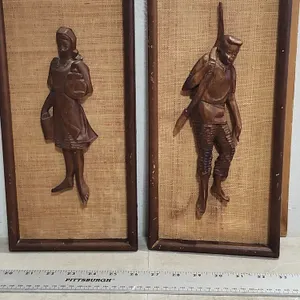 Vintage 1960s Hand Carved Teak Wood On Burlap Figural Wall Plaques 6.5"X14"