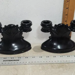 Vintage 1930s L.E. Smith Mt. Pleasant Black Amethyst Double Arm Candle Stick Holders