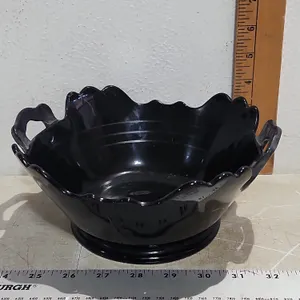 Vintage L.E. Smith Mt. Pleasant Pattern Double Handle Black Amethyst Glass Bowl, Depression Glass 8.