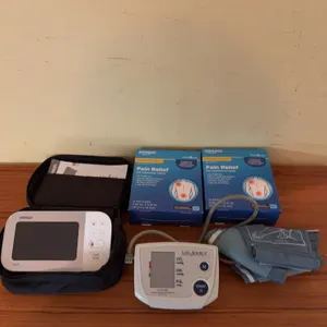 Omron BP5450 Blood Pressure Monitor, LifeSource UA-767 Plus Monitor, and Amazon Lidocaine Patches
