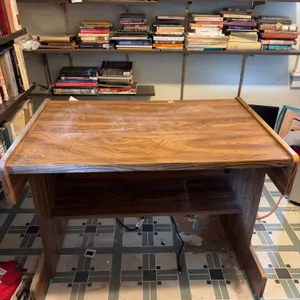 Wooden Desk with Open Shelving and Rounded Edge Details