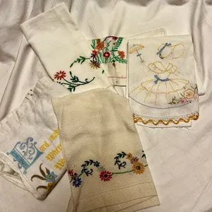 Five Vintage Embroidered Tea Towels