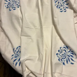 Table Topper with Blue Embroidery and Trim