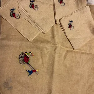 Asian Themed Linen Tablecloth and Four Napkins Embroidered Vintage